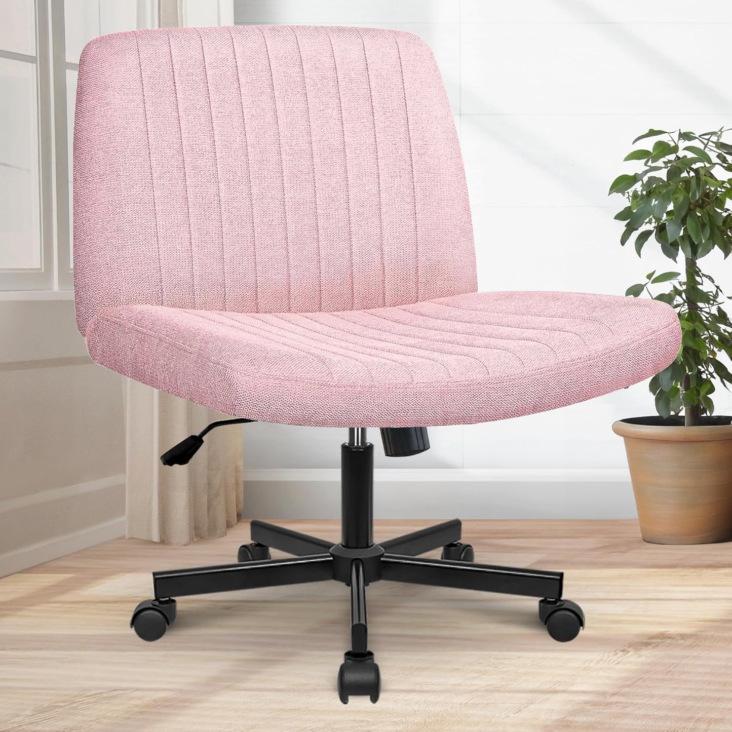 Orange Factory Criss Cross Chair Wheels Wide Cross Legged Office Desk Vanity Chair Comfy Fabric Armless Adjustable Swivel for Home Computer Task (Beige)