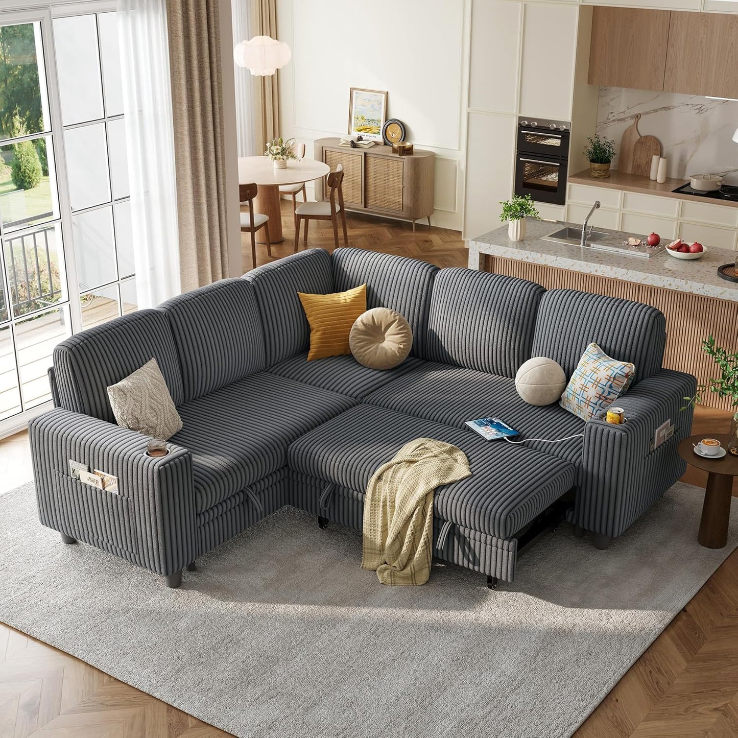 LINSY HOME Sectional Sleeper Sofa with Pull Out Couch Bed Convertible Plush Corduroy Cloud Couch with Storage Chaise & USB Charging, Comfy L Shaped Modular Couches for Living Room Apartment (Grey)