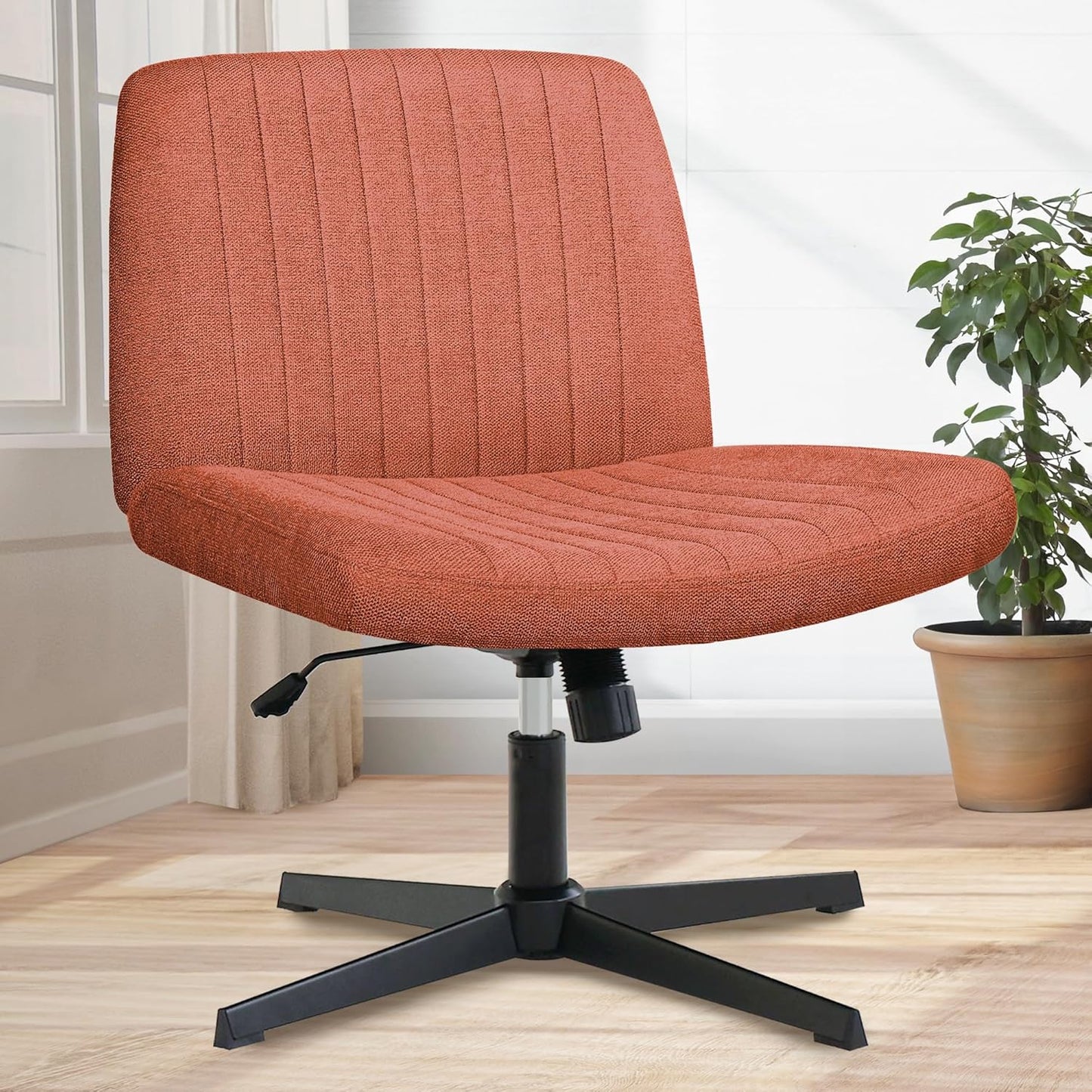 Orange Factory Criss Cross Chair Wheels Wide Cross Legged Office Desk Vanity Chair Comfy Fabric Armless Adjustable Swivel for Home Computer Task (Beige)