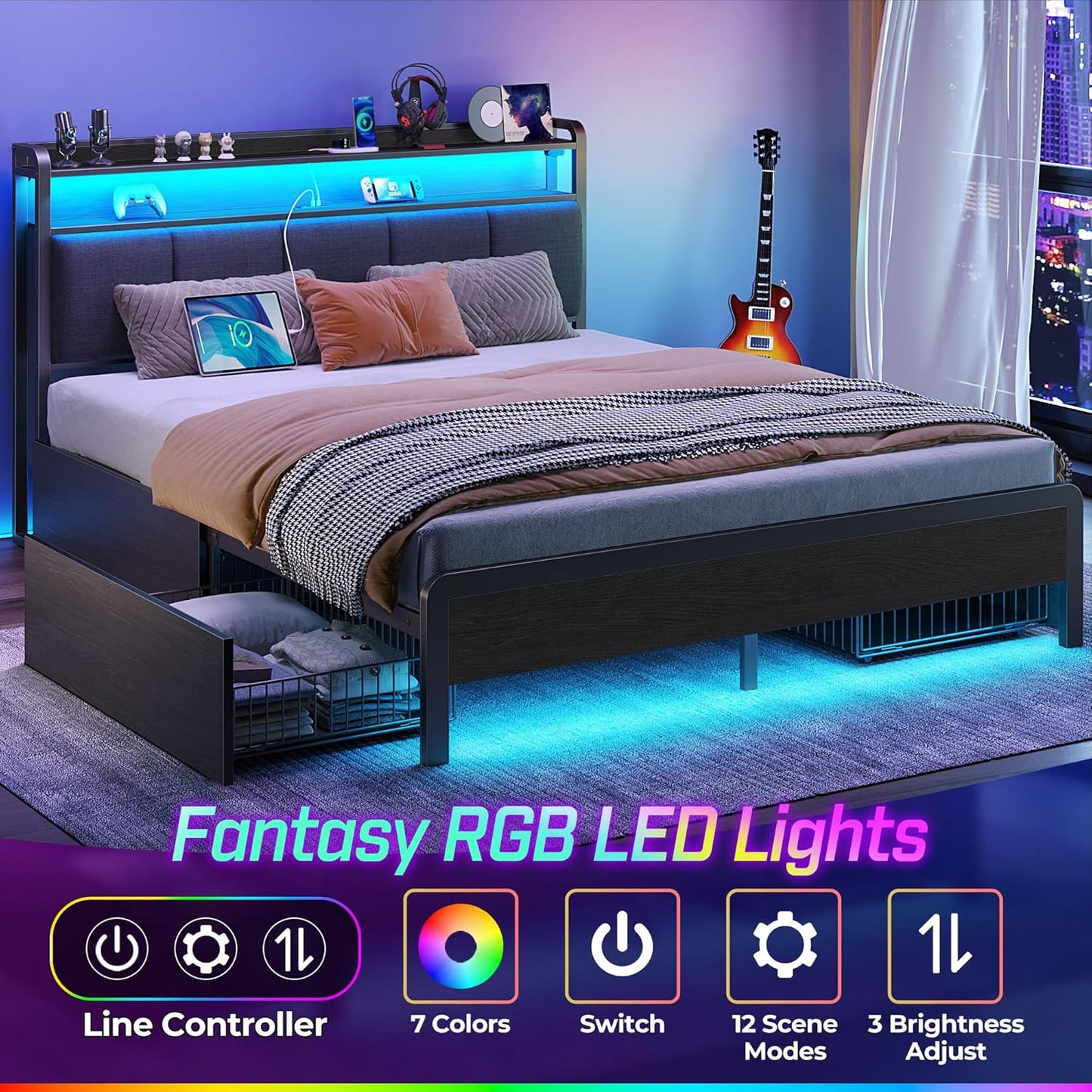 Rolanstar Bed Frame Queen Size with Charging Station and LED Lights, Upholstered Storage Headboard with Drawers, Heavy Duty Metal Slats, No Box Spring Needed, Noise Free, Easy Assembly, Dark Grey