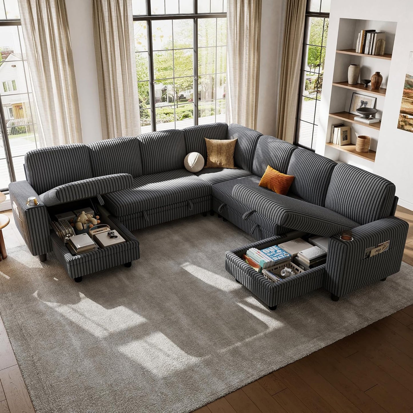 LINSY HOME Sectional Sleeper Sofa with Pull Out Couch Bed Convertible Plush Corduroy Cloud Couch with Storage Chaise & USB Charging, Comfy L Shaped Modular Couches for Living Room Apartment (Grey)