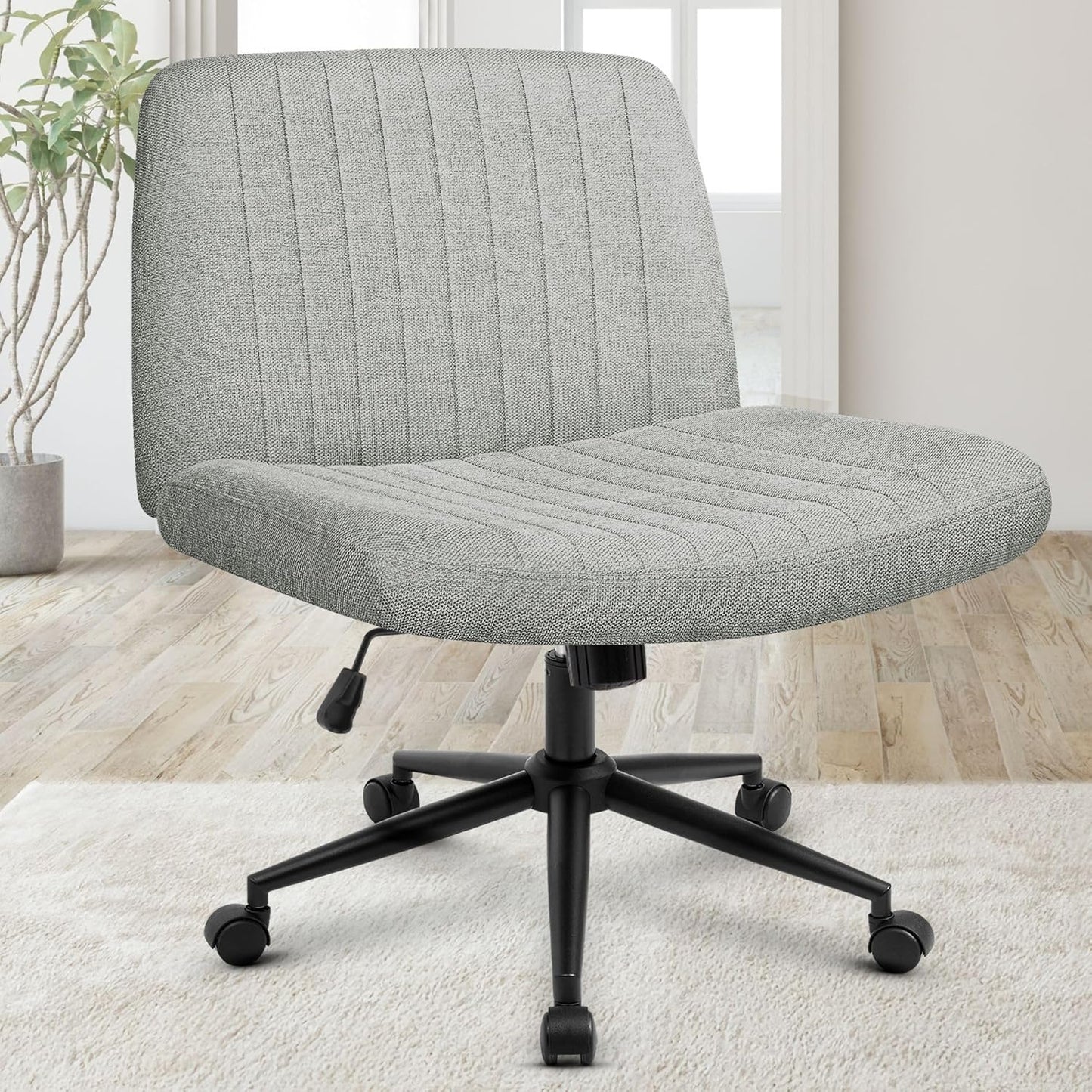 Orange Factory Criss Cross Chair Wheels Wide Cross Legged Office Desk Vanity Chair Comfy Fabric Armless Adjustable Swivel for Home Computer Task (Beige)